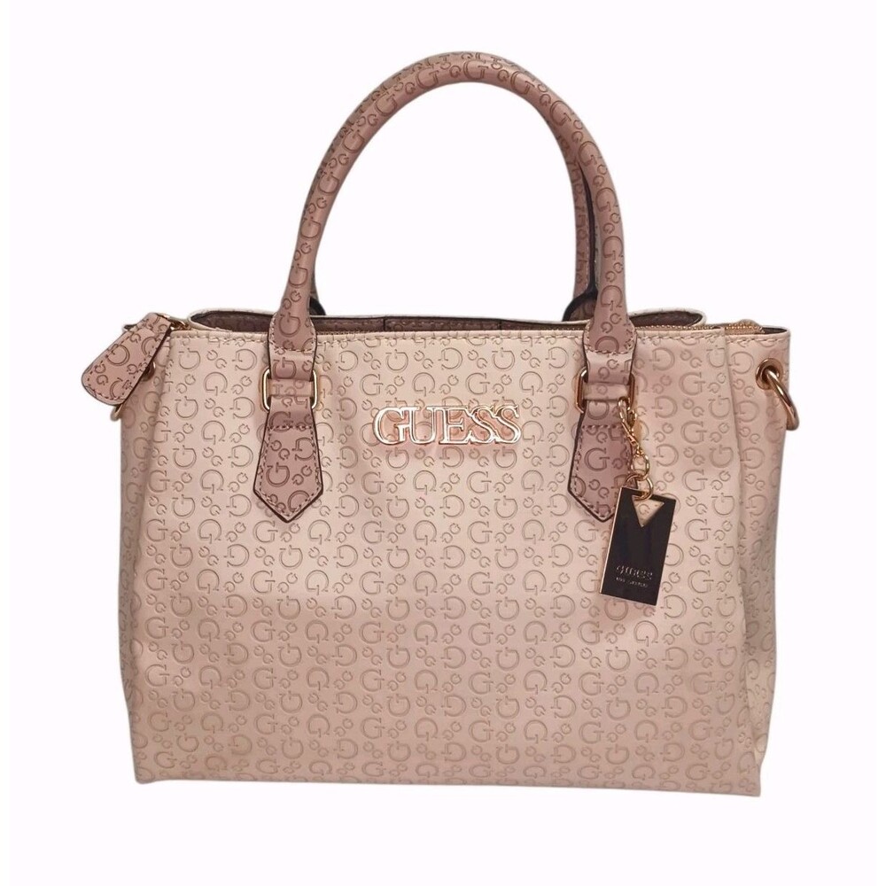 GUESS Zakaria Debossed Logo Satchel Bag Purse Ivory Stone & Tan Gold Bag Charm